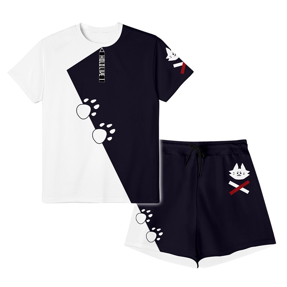 Hololive Vtuber Ookami Mio Cosplay Costume Women Summer T-shirt Crop Top Shorts Two-Piece Set